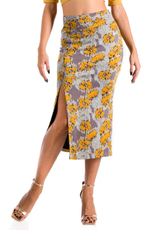 Grey Midi Yellow Printed Pencil Skirt With Slit silk skirt smooth