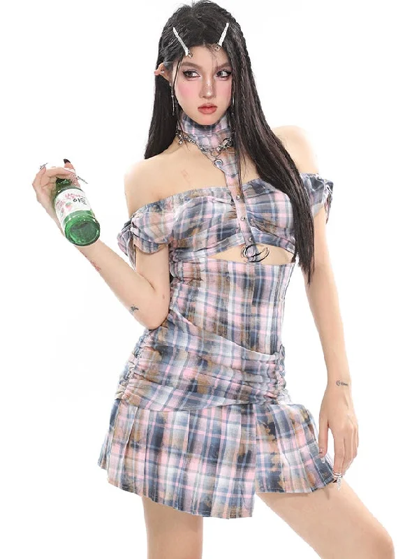 Bonnie Plaid Vintage Halter Neck Short Puffed Sleeves Cut Out Pleated Dress Casual Short Summer