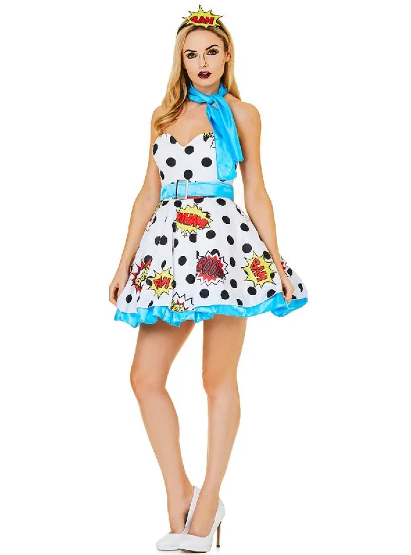 Miss Pop Art Womens Retro Comic Fancy Dress Costume Tunics Luxurious premium