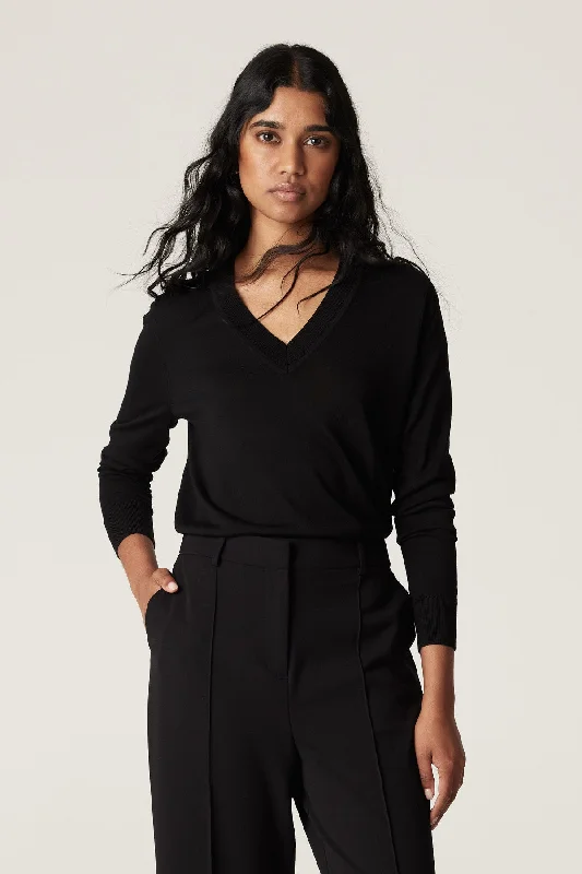 Tencel V Neck Jumper - Black Fitted Slim Tailored