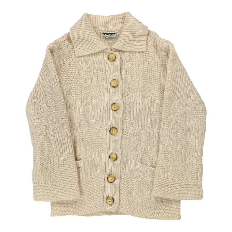 Benetton Cardigan - Large Cream Virgin Wool Solid Color Striped Floral Print