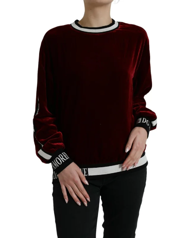 Dolce & Gabbana Burgundy Velvet Round Neck Pullover Sweater Button Front Sweater