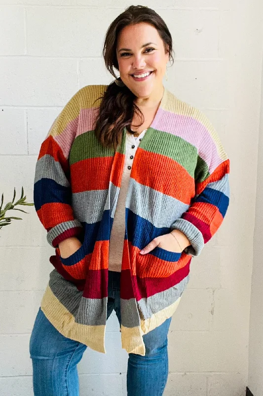 Weekend Ready Multicolor Striped Slouchy Open Cardigan Notch Collar Peter Pan Collar Cowl Neck