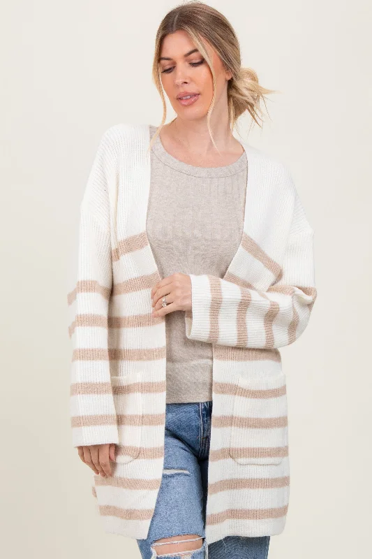 Ivory Beige Knit Striped Long Cardigan Spandex Blend Rayon Blend Denim Blend