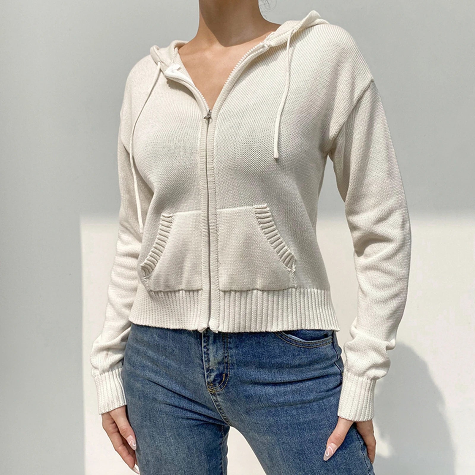 Women’s Full Zip Knit Hoodies Casual Sweaters Solid Color Long Sleeve Drawstring Sweatshirts Cardigan Zip-up Y2K Clothing Lace Blend Ribbed Blend Corduroy Blend