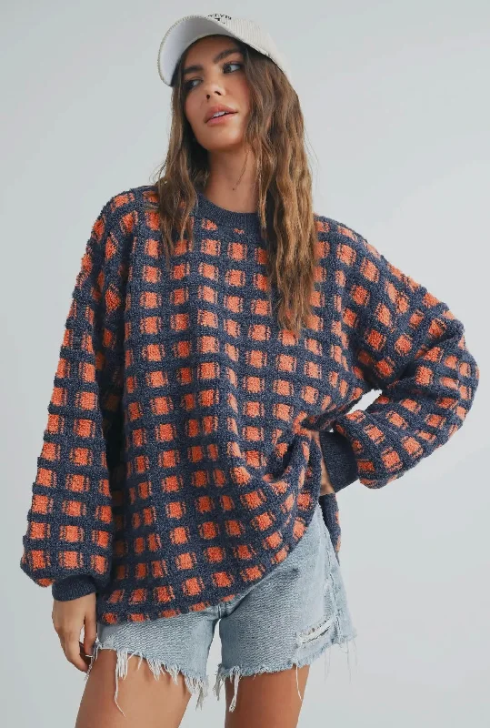 Oversized Checked Sweater- Navy/Rust Hooded Caped Shawl Collar