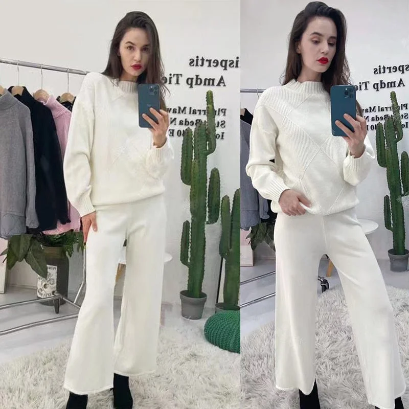 2021 Women Tracksuits Chic 2 Piece Set Knitted Solid Lounge Suit Cashmere Blend Pullover Sweater Wide Leg Pants Two Pieces Sets Cowl Neck Pullover