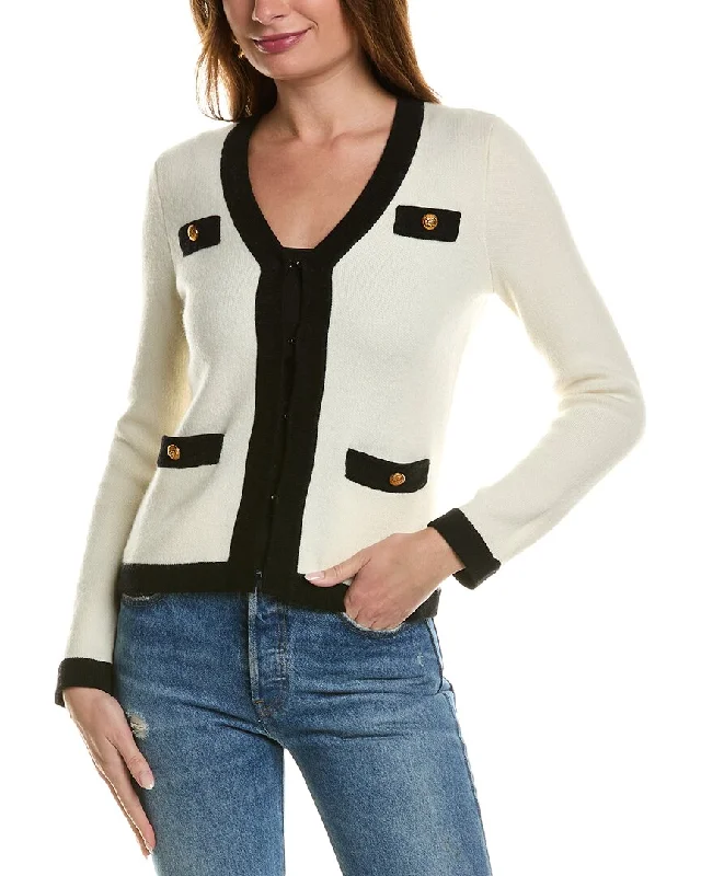 Sofiacashmere Contrast Trim Wool & Cashmere-Blend Cardigan Beaded Cardigan Sequined Faux Fur