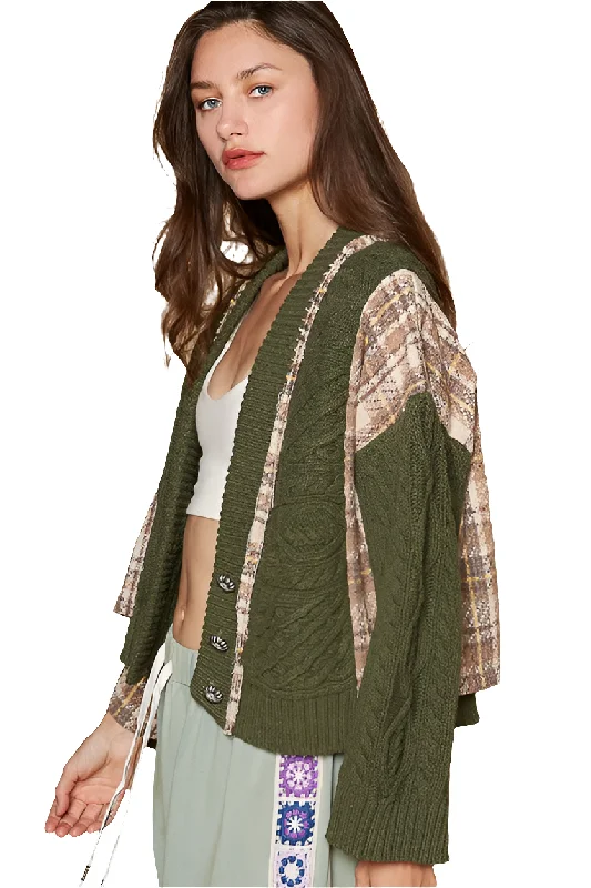 POL Cable Knit Jacket Patchwork Retro Button-up Chunky Plaid Oversized Cardigan Hooded Cardigan Collared Cardigan Shawl Collar