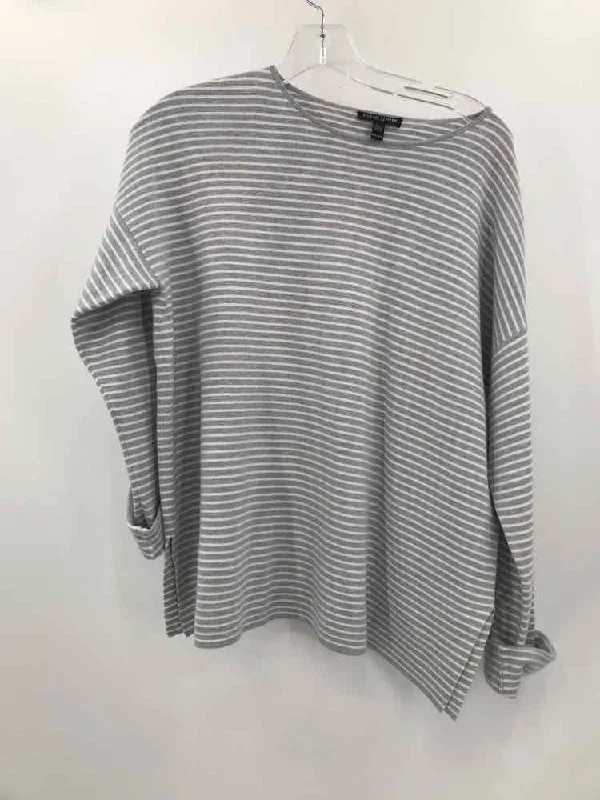 Pre-Owned Eileen Fisher Grey Size Medium Stripe Sweater Embroidered Appliqued Beaded