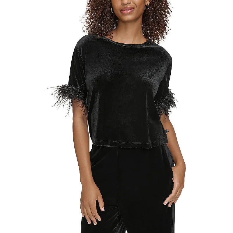 Womens Velvet Short Sleeve Pullover Top Short Puff Sleeve