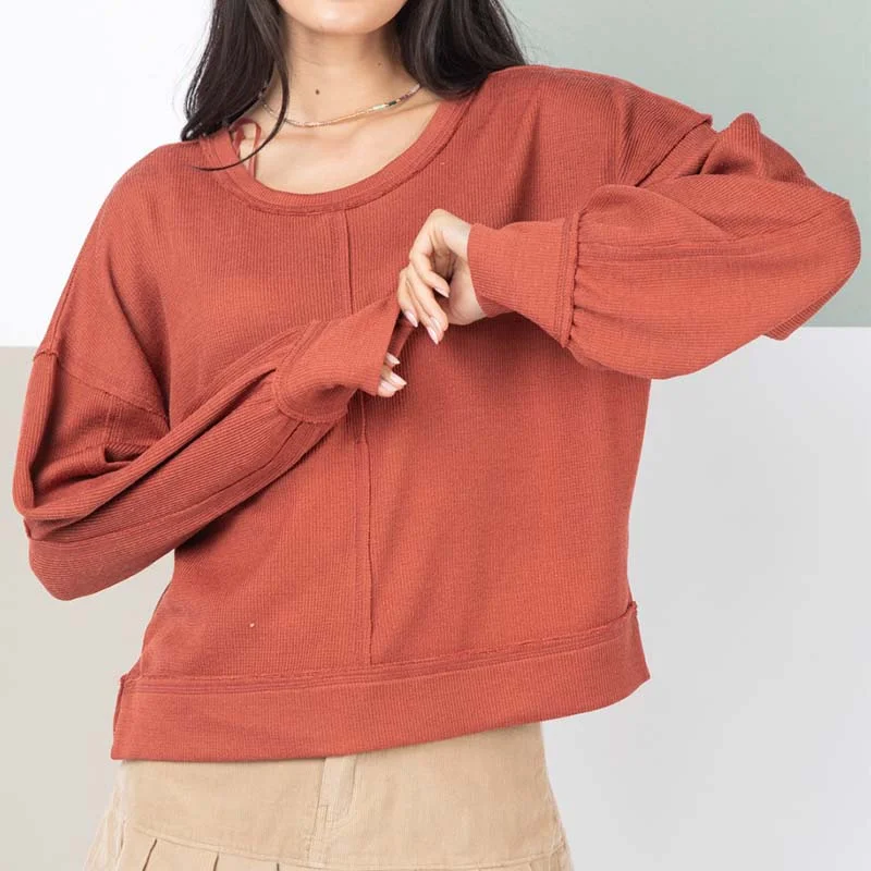 Ribbed Square Back Long Sleeve Pullover Top Peter Pan Collar