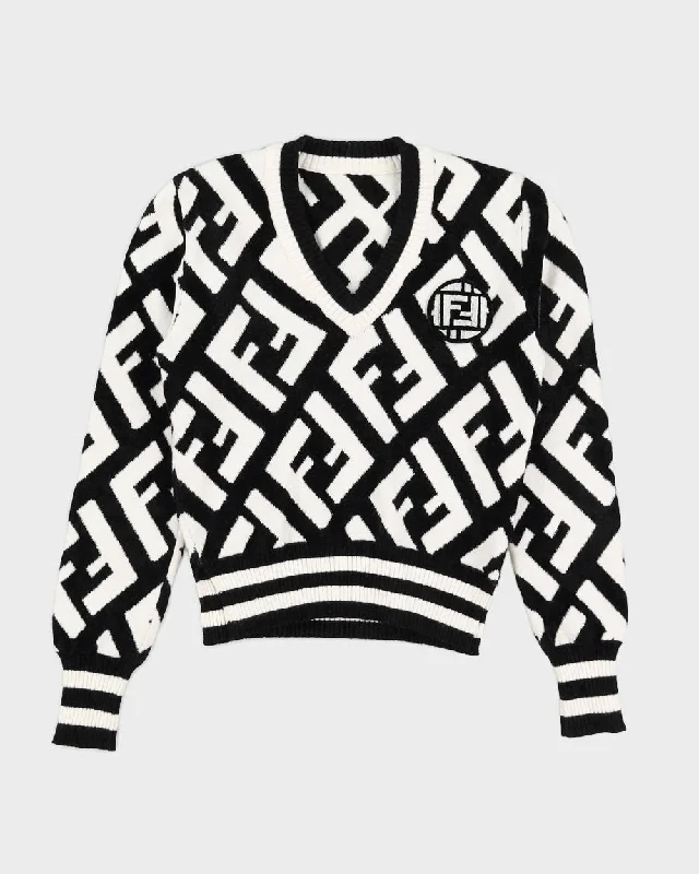 Fendi Black and White Logo Pattern Terry Pullover Jumper - XS Cold Shoulder Design