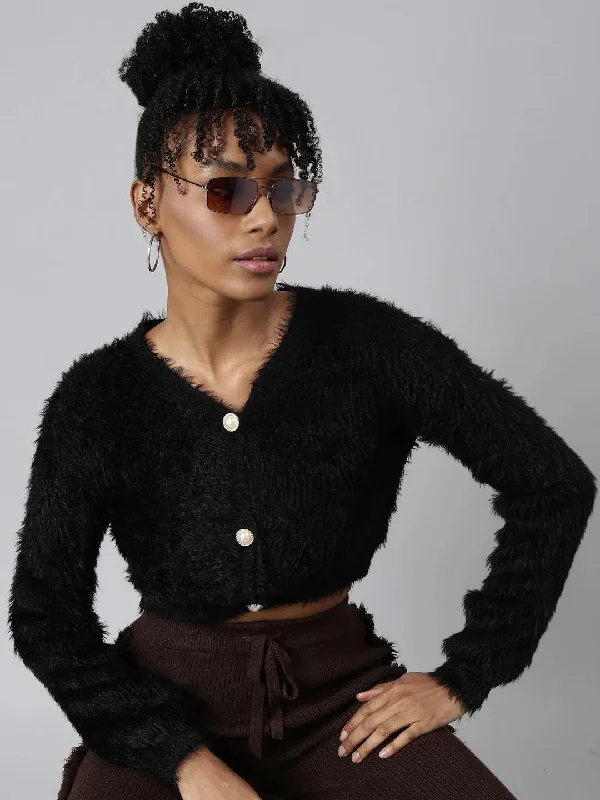 Women Solid Black Crop Cardigan-CHN-7064-Black Handmade Hand-knitted Hand-woven