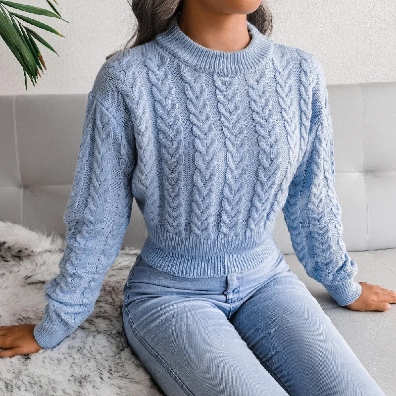 Fashion Casual Autumn Winter Solid Color Braided Long Sleeve Cropped Knitted Sweater Lightweight Heavyweight Midweight