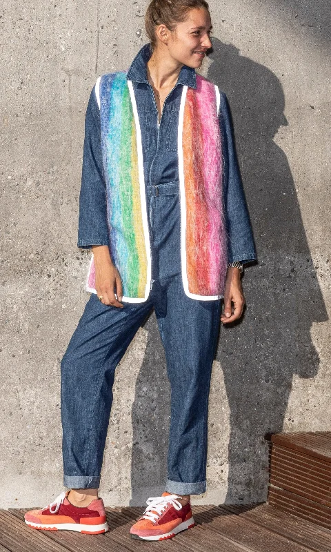 The Mohair Cardigan Zip Sweater Vest, Rainbow Striped w/Reflective Trim Velvet Chenille Corduroy