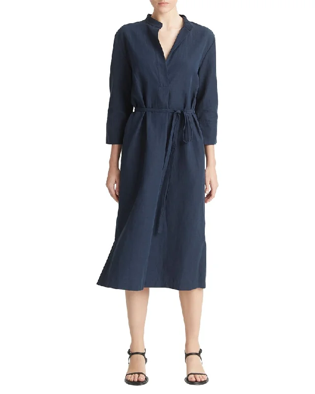 Vince Band Collar Pullover Linen-Blend Dress Honey Neck Pullover