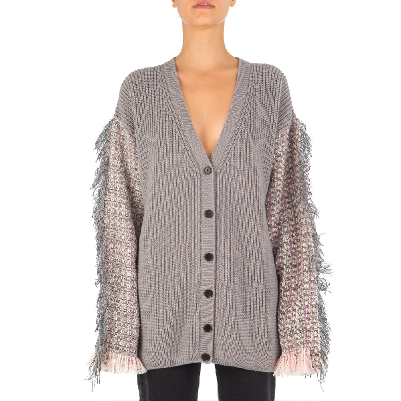 Women's Ribbed And Tweed Patchwork Maglia Cardigans Beige Mesh Fabric Canvas Fabric Denim Fabric