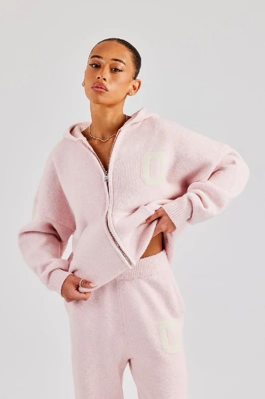 Hooded Zip Through Knitted Jumper - Baby Pink Front Pockets Side Pockets Patch Pockets