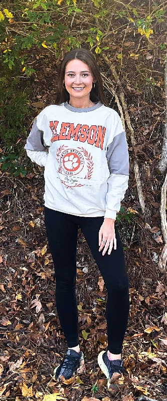 Gameday Couture Clemson Drop Shoulder Womens Pullover (White/Grey) Ruffled Neck Pullover