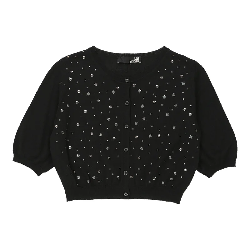 Love Moschino Cropped Cardigan - Small Black Cotton Notch Collar Peter Pan Collar Cowl Neck