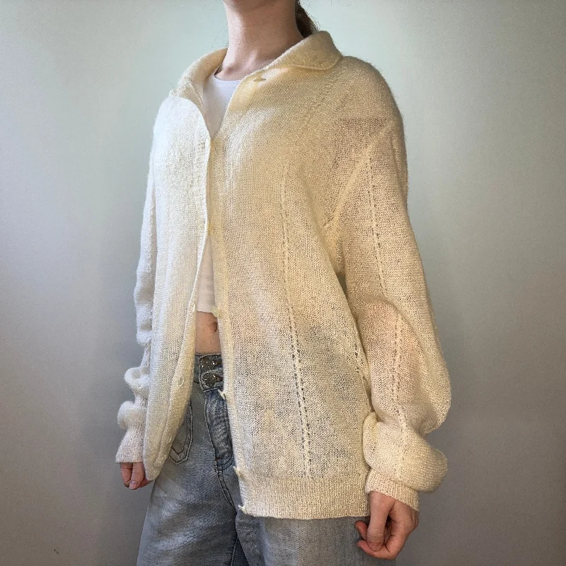 Piacevoli Tracce Collared Cardigan - Large Cream Mohair Soft Cozy Warm