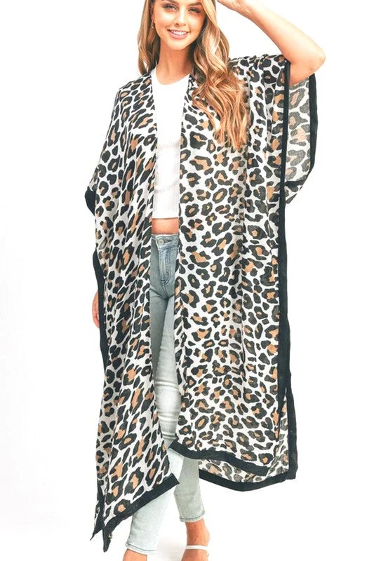 Leopard Printed Extra Long Kimono Duster Cardigan Spandex Rayon Corduroy