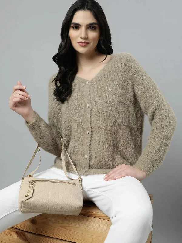 Women Solid Beige Cardigan-477-Beige Stretchy Elastic Breathable