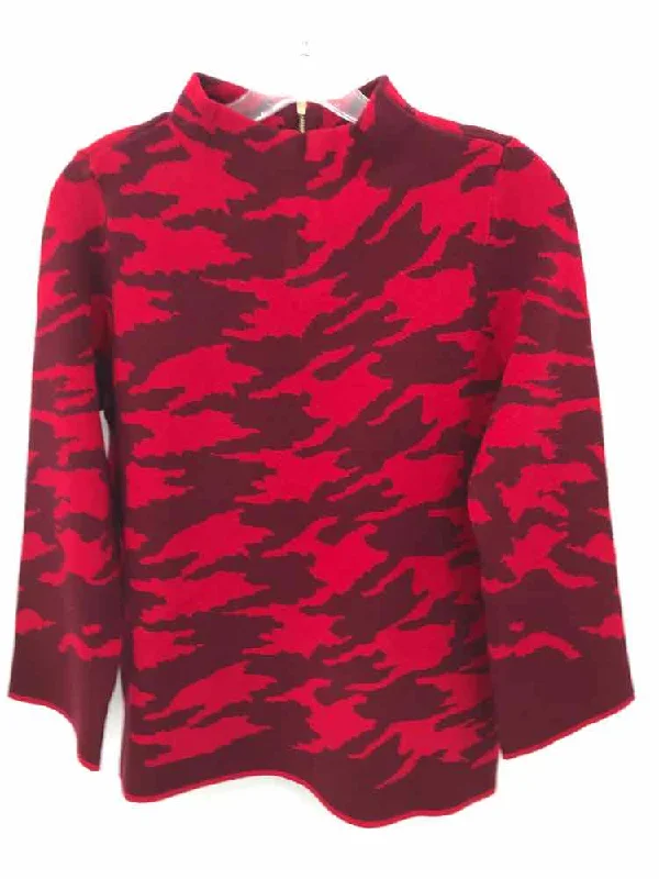 Pre-Owned Chico's Red Size Small Printed Sweater Turtle Neck Boat Neck Asymmetrical Neck