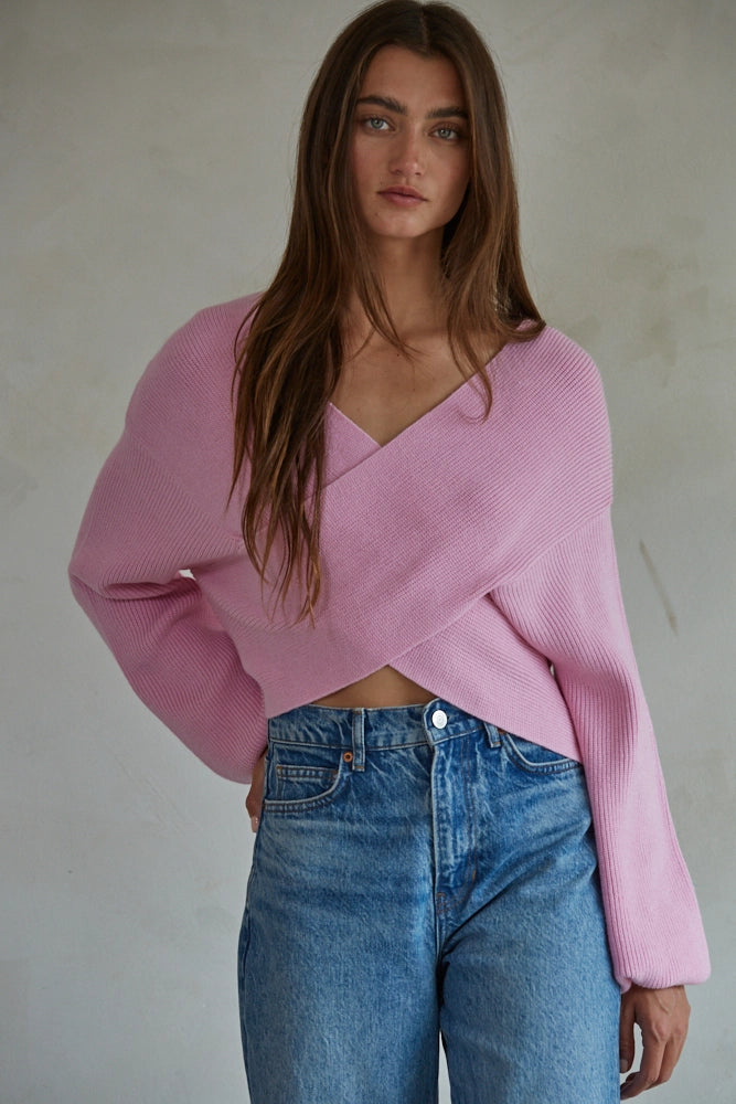 Overlapped Cropped Sweater- Pink Spandex Blend Rayon Blend Denim Blend