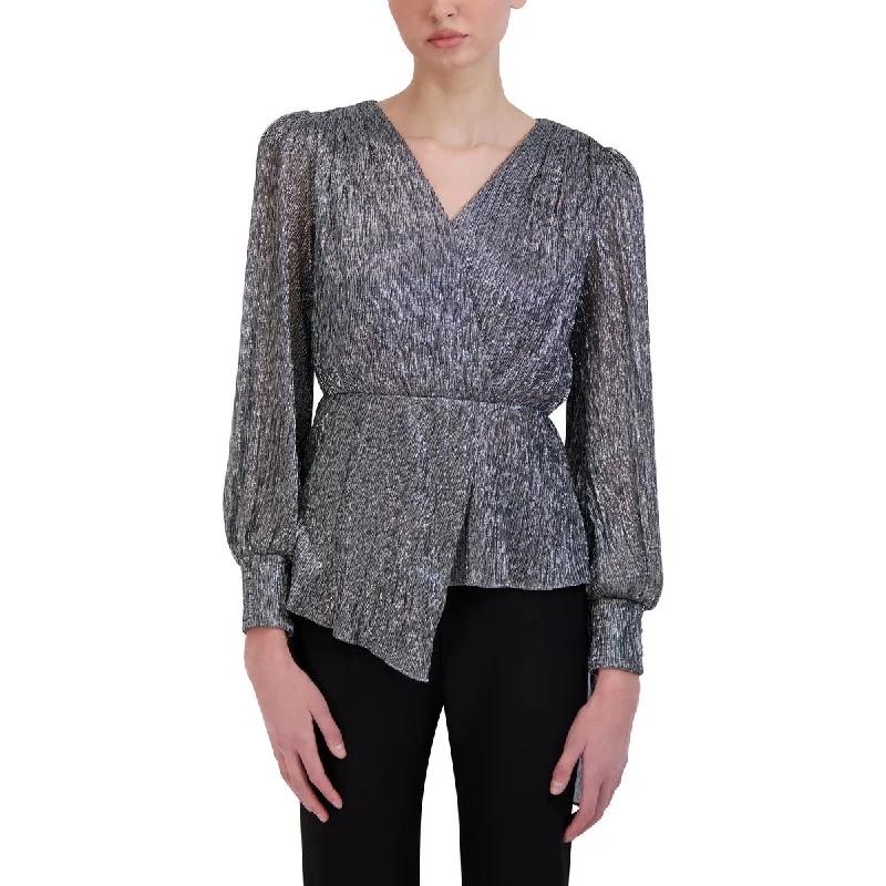 Womens Metallic Asymmetric Pullover Top Button Front Sweater