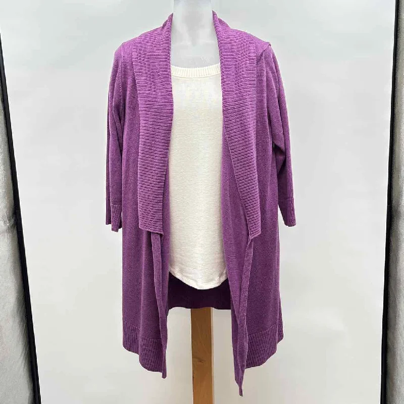 Eileen Fisher Women's Size L Purple Solid Cardigan Denim Fabric Leather Fabric Suede Fabric