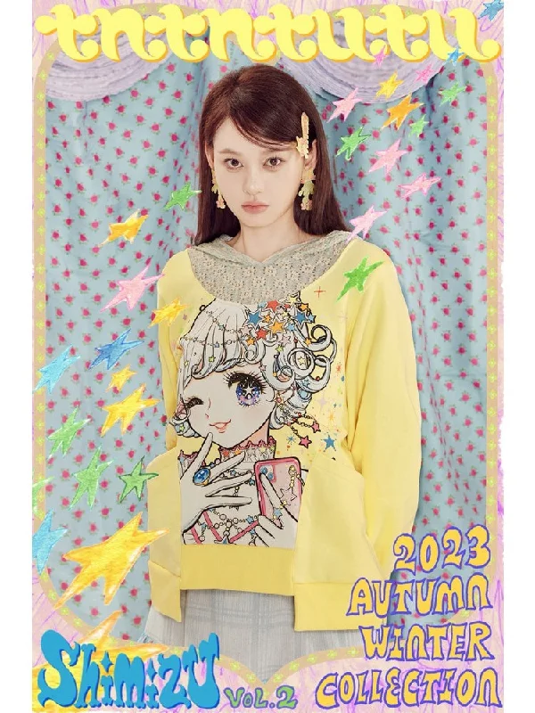 Shimizu Illustration Comic Girl Print Flower Lace Irregular Hem Hoodie【s0000003653】 Hoodie with Double Zipper Versatile Adjustable