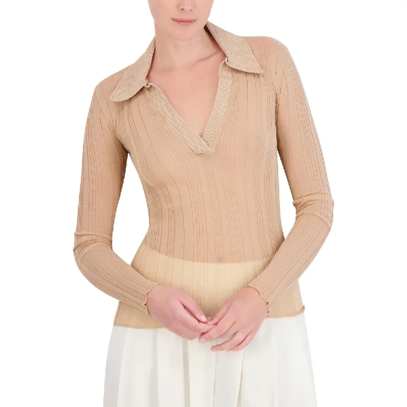 Womens Sheer Ribbed Pullover Top Crew Neck Wool