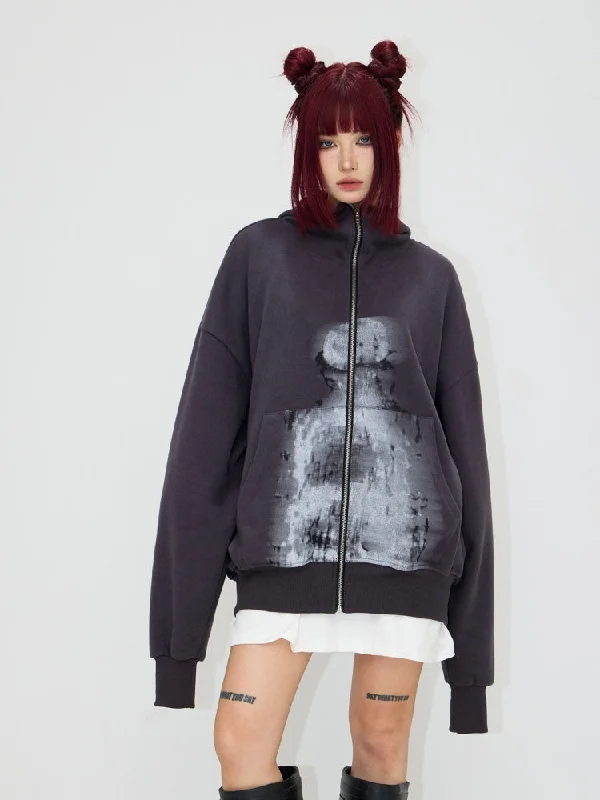 Blurred Print Full Zip Hoodie【s0000004194】 Hoodie with Drawstring Waist Adjustable Fitted