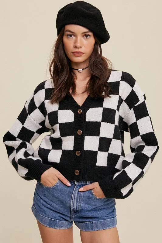 Bold Gingham Sweater Weaved Crop Cardigan Cashmere Blend Cotton Blend Poly Blend