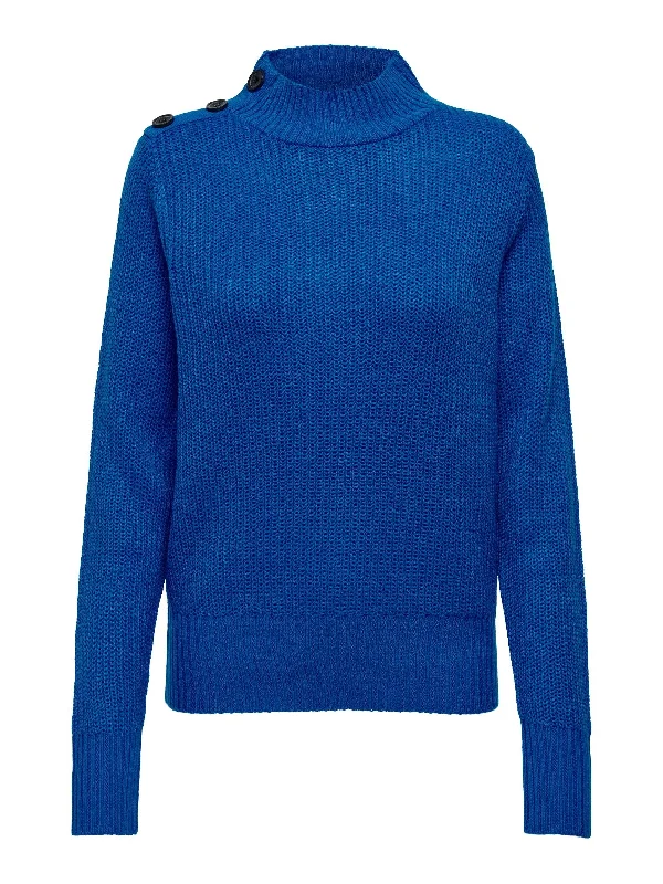 JDY Latte Long Sleeve O-Neck Button Pullover Knit-BLUE Asymmetrical Neck Pullover