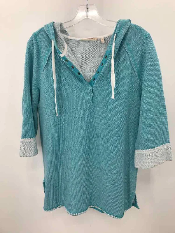 Pre-Owned Soft Surroundings Blue Size Medium Hooded Sweater Bright Pastel Dark