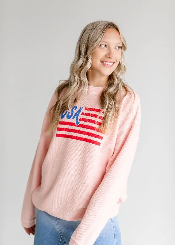 Pink USA Flag Crewneck Sweatshirt Hoodie with Stripes Bold Sporty