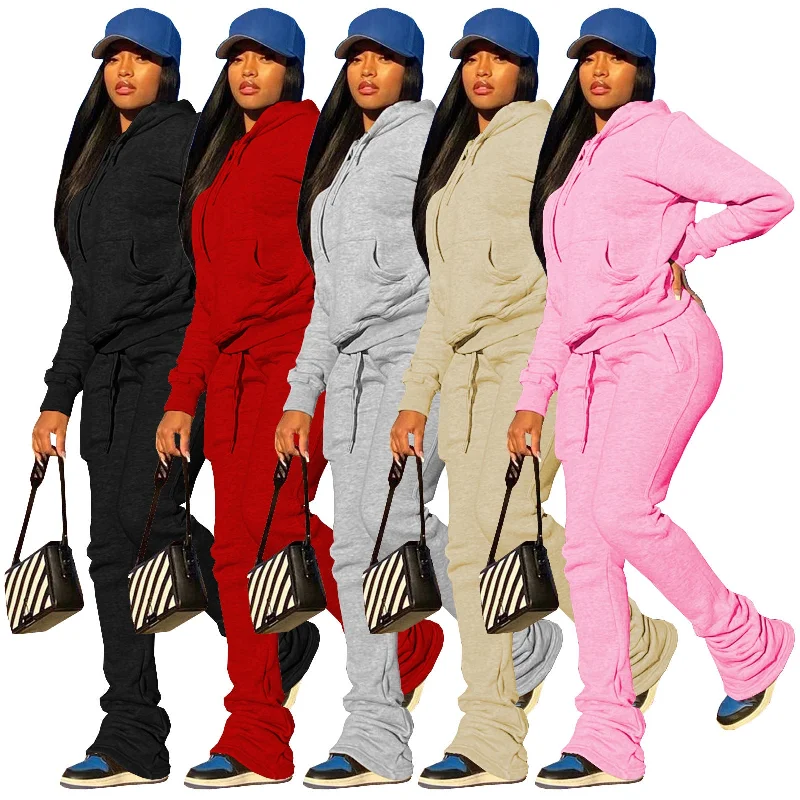 Plush Sweater Hoodie Sport Drawstring Stacking Pants Two Piece Set (CL11020) Hoodie with Gradient Ombre Colorful