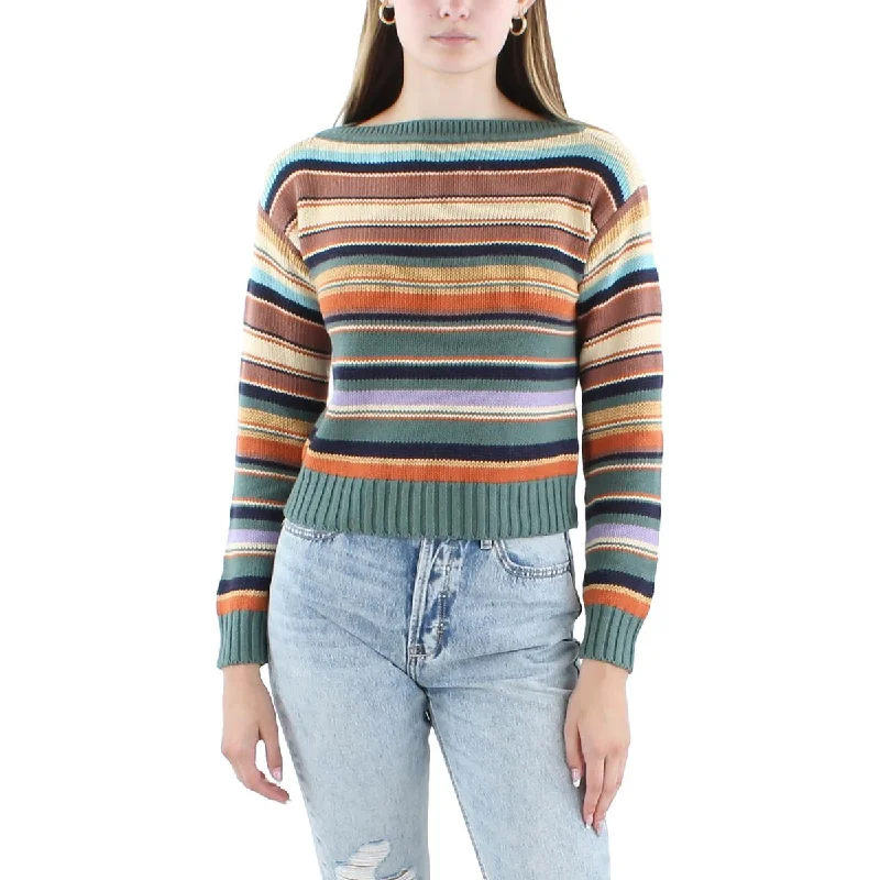 Petites Womens Linen Blend Striped Pullover Sweater Elbow Length Sleeve