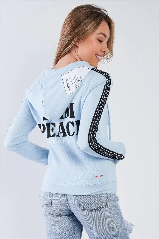 Baby Blue "I Am Peace, All Of Me" Graphic Long Sleeve Hoodie Sweatshirt Hoodie with Hem Embroidery Detailed Premium