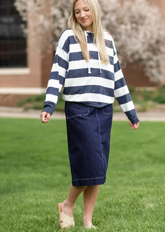 Navy & White Striped Hooded Sweatshirt Hoodie with Illustration Artistic Creative