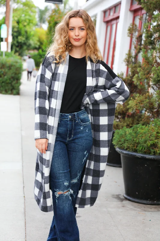 Get To Know You Black Buffalo Plaid Hacci Cardigan Glossy Satin Silk