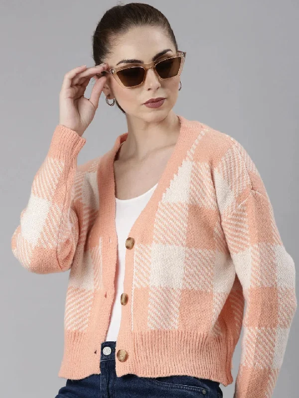 Women Peach Checked Cardigan-CHN-64902-Peach Thin Thick Dense