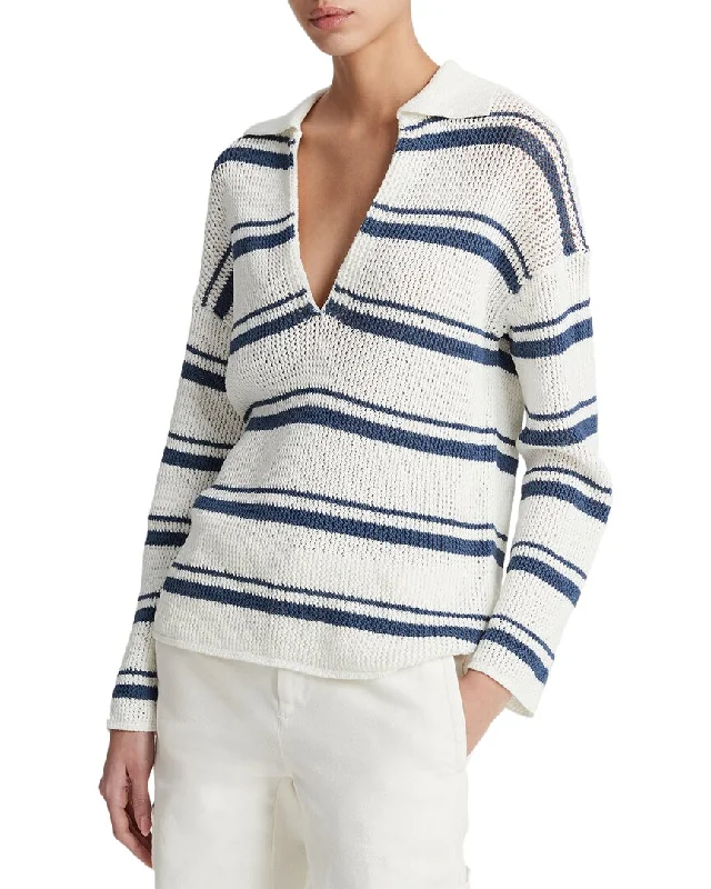 Vince Racked Ribbed Stripe Pullover Lapel Neck Sweater