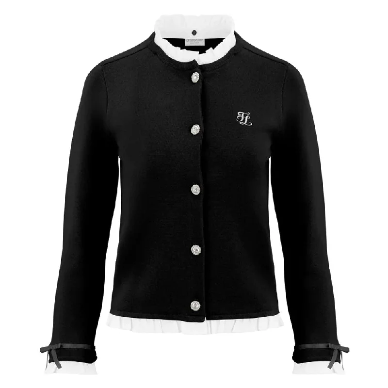 Fairliar Sleeve Frill Jacket Style Golf Cardigan Black - FW24 Women Satin Fabric Silk Fabric Chiffon Fabric