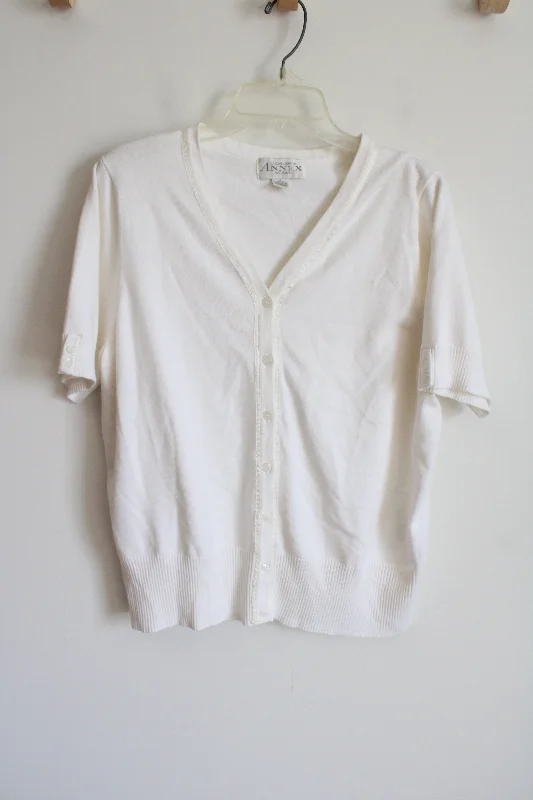 Casual Corner Annex White Button Down Short Sleeved Cardigan Sweater Top | XL Ribbed Striped Patterned