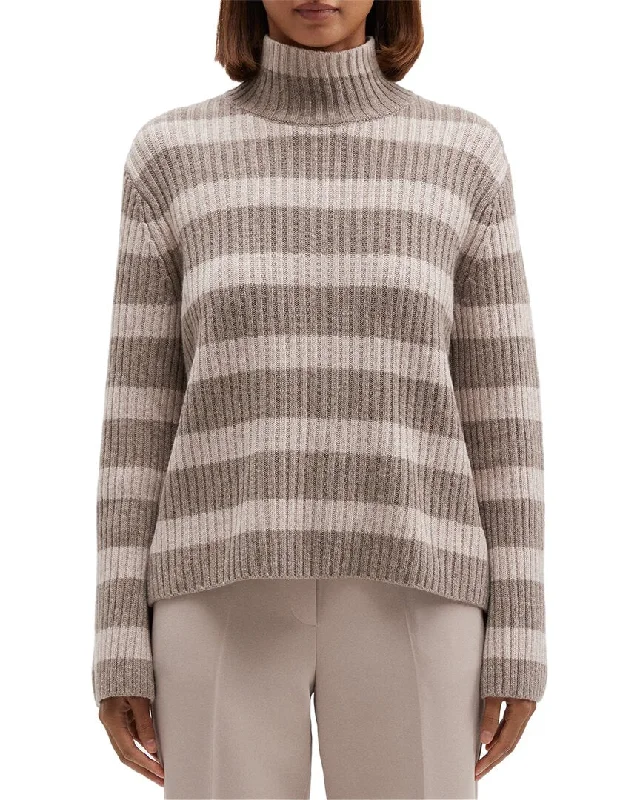 Theory Striped Ribbed Wool & Cashmere-Blend Turtleneck Pullover Spaghetti Sleeve Top