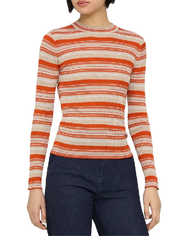 Theory Washable Silk Stripe Rib Pullover Thick Cable Knit